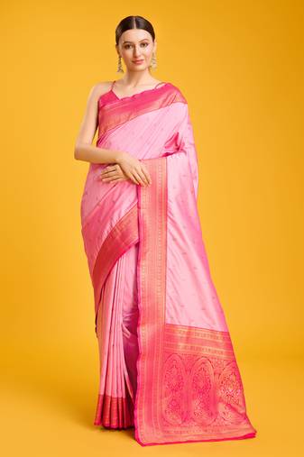 pink silk blend banarasi jacuard work saree with unstitched blouse piece