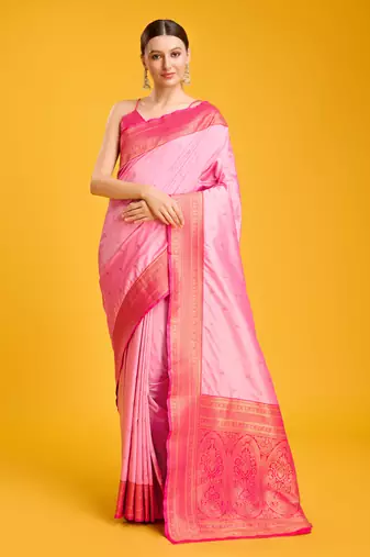 pink silk blend banarasi jacuard work saree with unstitched blouse piece