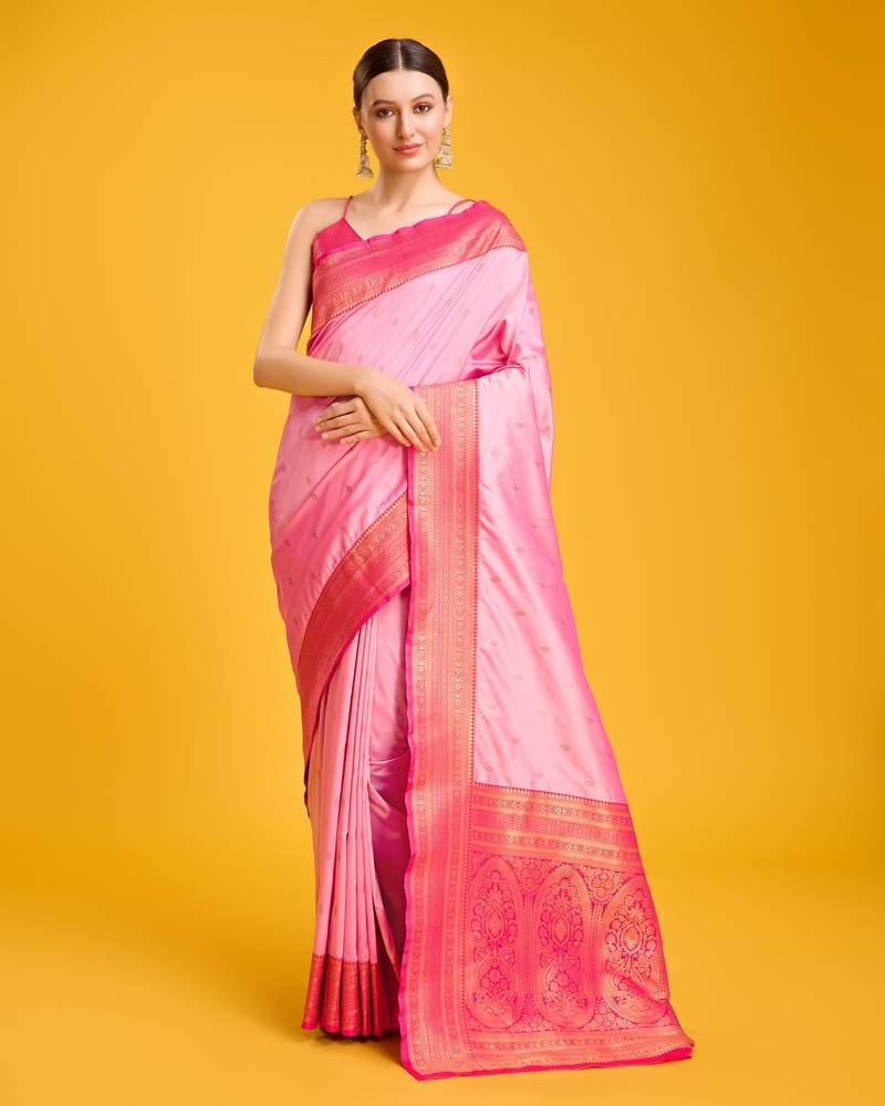 pink silk blend banarasi jacuard work saree with unstitched blouse piece