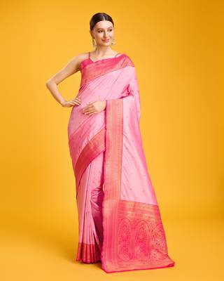 pink silk blend banarasi jacuard work saree with unstitched blouse piece 2