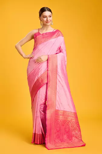 pink silk blend banarasi jacuard work saree with unstitched blouse piece