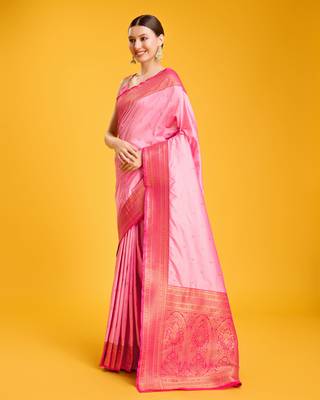 pink silk blend banarasi jacuard work saree with unstitched blouse piece 3