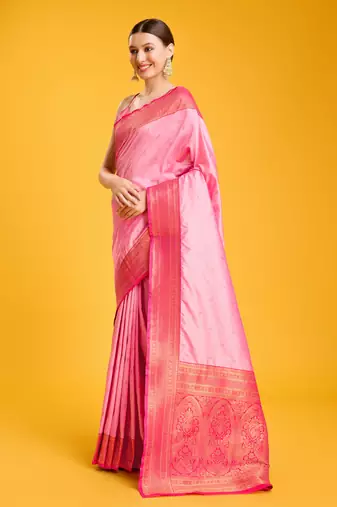 pink silk blend banarasi jacuard work saree with unstitched blouse piece