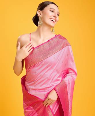 pink silk blend banarasi jacuard work saree with unstitched blouse piece 4