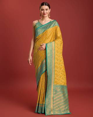 yellow silk blend banarasi jacuard work saree with unstitched blouse piece 1