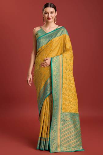 yellow silk blend banarasi jacuard work saree with unstitched blouse piece