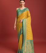 yellow silk blend banarasi jacuard work saree with unstitched blouse piece