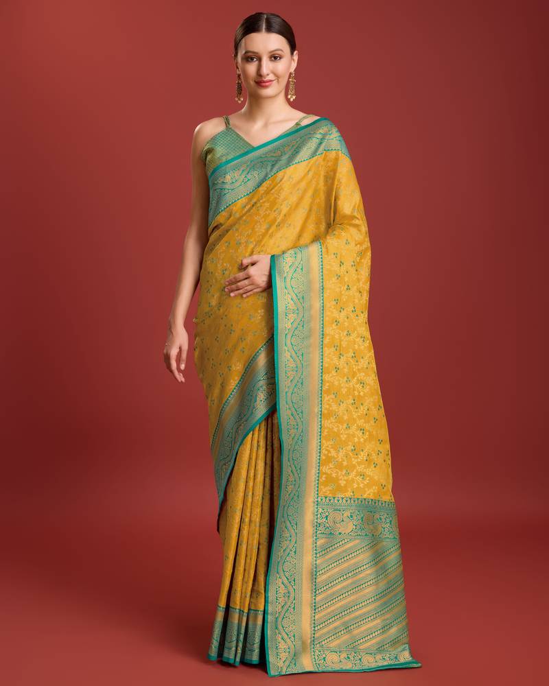 yellow silk blend banarasi jacuard work saree with unstitched blouse piece