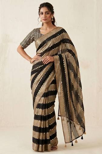 Black Color Hand aari work with real handwork gold mirror work Silk Blend Saree