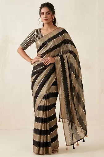 Black Color Hand aari work with real handwork gold mirror work Silk Blend Saree
