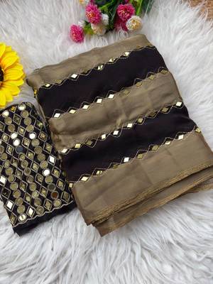 Black Color Hand aari work with real handwork gold mirror work Silk Blend Saree 2