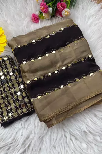 Black Color Hand aari work with real handwork gold mirror work Silk Blend Saree