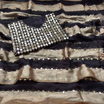 Black Color Hand aari work with real handwork gold mirror work Silk Blend Saree 3