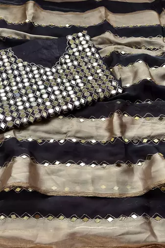Black Color Hand aari work with real handwork gold mirror work Silk Blend Saree