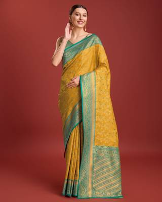 yellow silk blend banarasi jacuard work saree with unstitched blouse piece 2