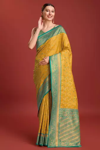 yellow silk blend banarasi jacuard work saree with unstitched blouse piece