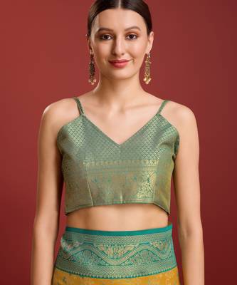 yellow silk blend banarasi jacuard work saree with unstitched blouse piece 5