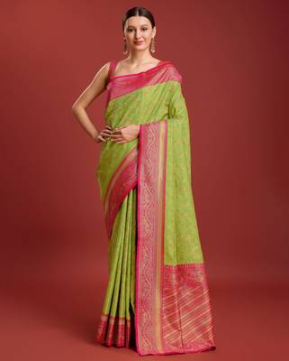 parrot green silk blend banarasi jacuard work saree with unstitched blouse piece 1