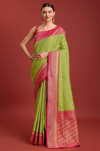 parrot green silk blend banarasi jacuard work saree with unstitched blouse piece