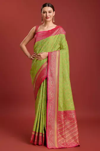 parrot green silk blend banarasi jacuard work saree with unstitched blouse piece