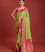 parrot green silk blend banarasi jacuard work saree with unstitched blouse piece