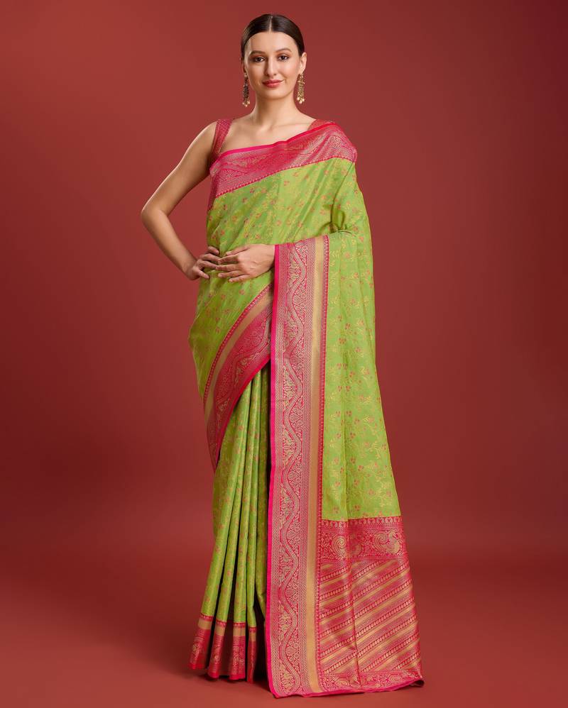 parrot green silk blend banarasi jacuard work saree with unstitched blouse piece