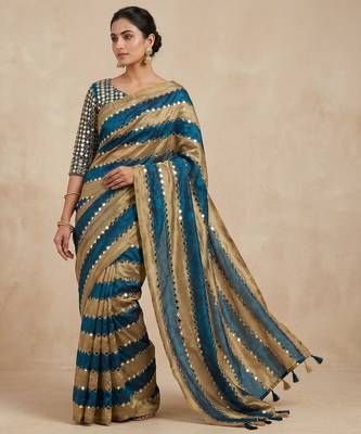 Blue Color Hand aari work with real handwork gold mirror work Silk Blend Saree 1
