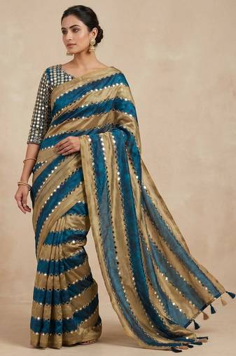 Blue Color Hand aari work with real handwork gold mirror work Silk Blend Saree