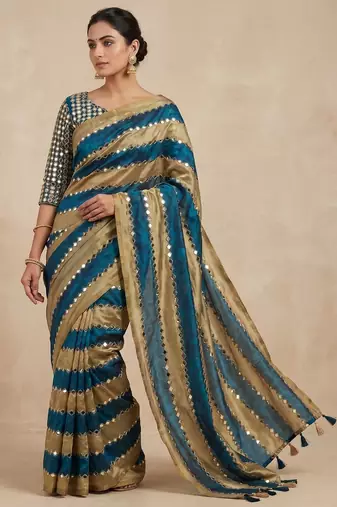 Blue Color Hand aari work with real handwork gold mirror work Silk Blend Saree