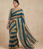 Blue Color Hand aari work with real handwork gold mirror work Silk Blend Saree