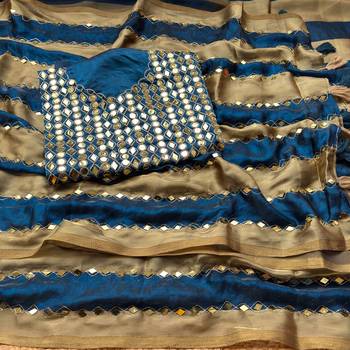 Blue Color Hand aari work with real handwork gold mirror work Silk Blend Saree 2