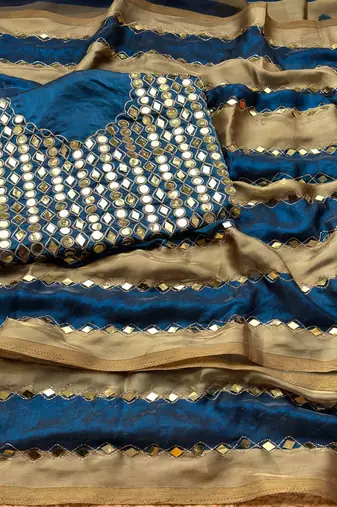 Blue Color Hand aari work with real handwork gold mirror work Silk Blend Saree