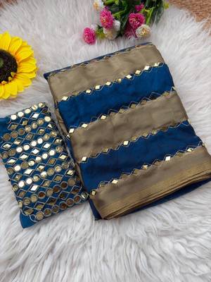 Blue Color Hand aari work with real handwork gold mirror work Silk Blend Saree 3