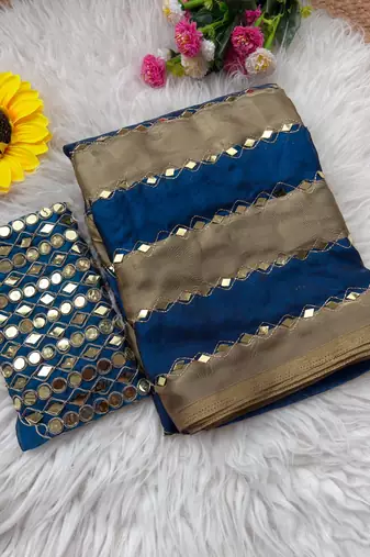 Blue Color Hand aari work with real handwork gold mirror work Silk Blend Saree