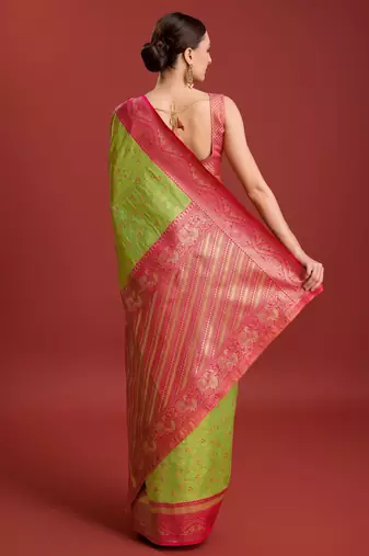 parrot green silk blend banarasi jacuard work saree with unstitched blouse piece