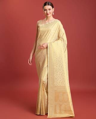 off white silk blend banarasi jacuard work saree with unstitched blouse piece 1