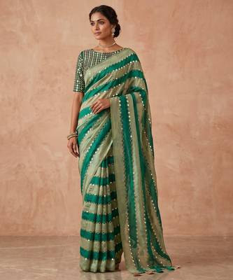 Green Color Hand aari work with real handwork gold mirror work Silk Blend Saree 1