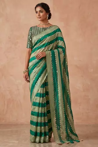 Green Color Hand aari work with real handwork gold mirror work Silk Blend Saree