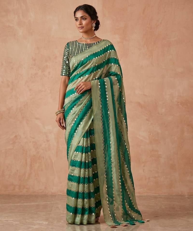 Green Color Hand aari work with real handwork gold mirror work Silk Blend Saree