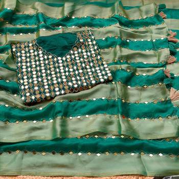 Green Color Hand aari work with real handwork gold mirror work Silk Blend Saree 2