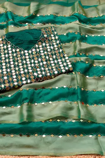 Green Color Hand aari work with real handwork gold mirror work Silk Blend Saree