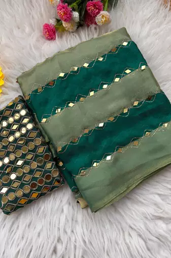 Green Color Hand aari work with real handwork gold mirror work Silk Blend Saree