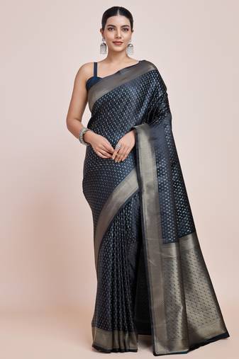 blue silk blend banarasi jacuard work saree with unstitched blouse piece