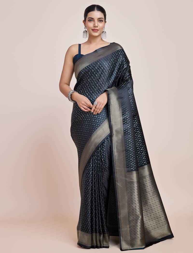 blue silk blend banarasi jacuard work saree with unstitched blouse piece