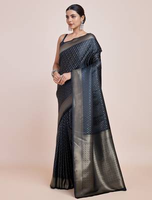 blue silk blend banarasi jacuard work saree with unstitched blouse piece 2