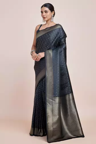 blue silk blend banarasi jacuard work saree with unstitched blouse piece