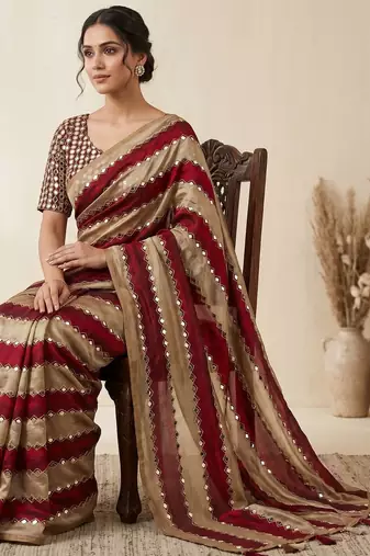 Maroon Color Hand aari work with real handwork gold mirror work Silk Blend Saree