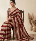 Maroon Color Hand aari work with real handwork gold mirror work Silk Blend Saree