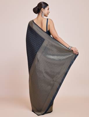 blue silk blend banarasi jacuard work saree with unstitched blouse piece 3