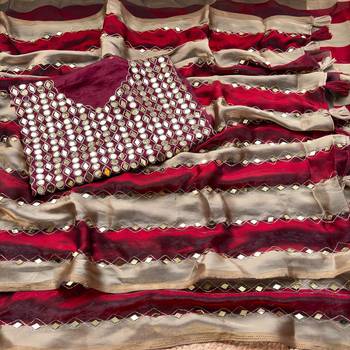 Maroon Color Hand aari work with real handwork gold mirror work Silk Blend Saree 2